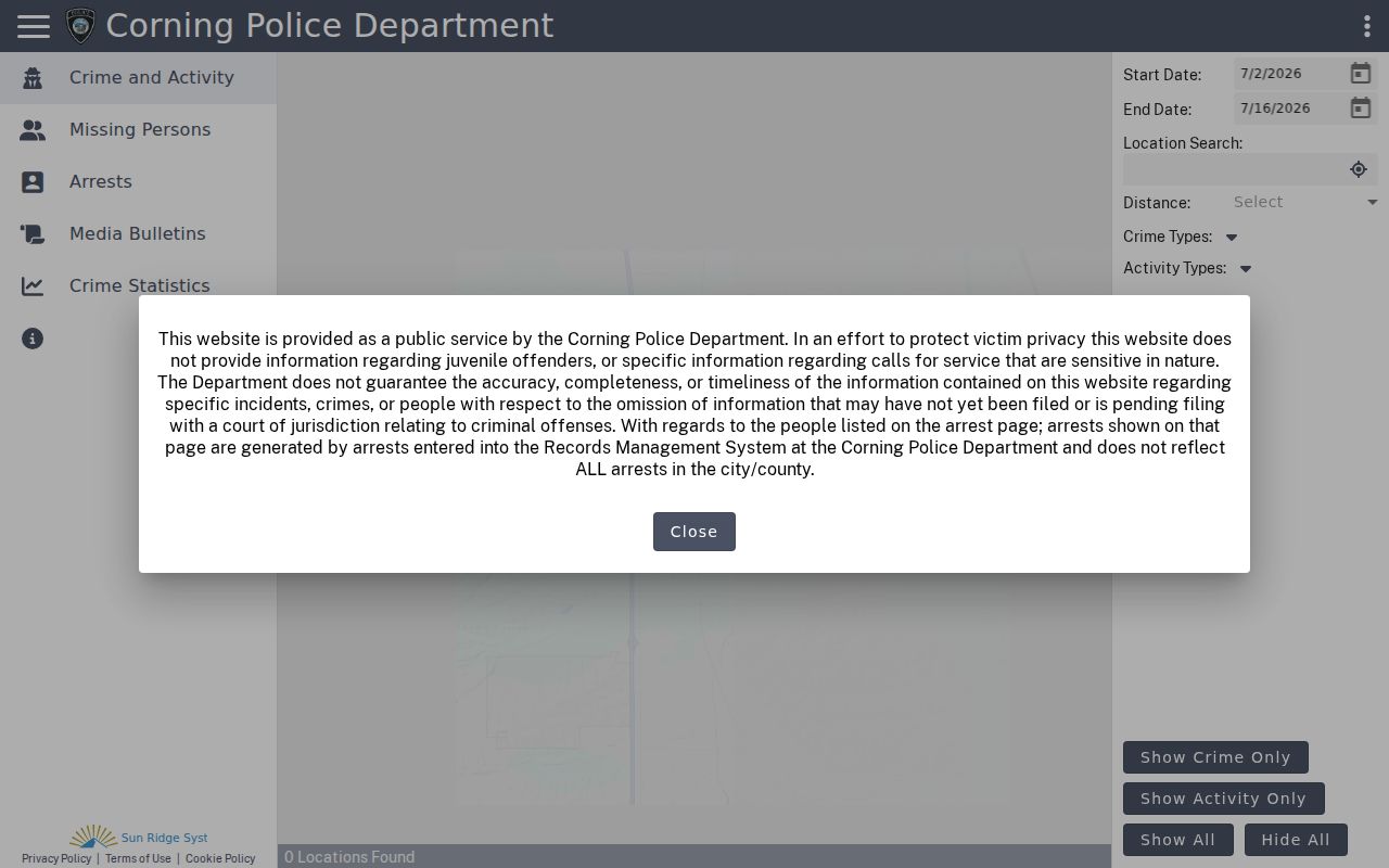 Corning Citizen RIMS official police records portal