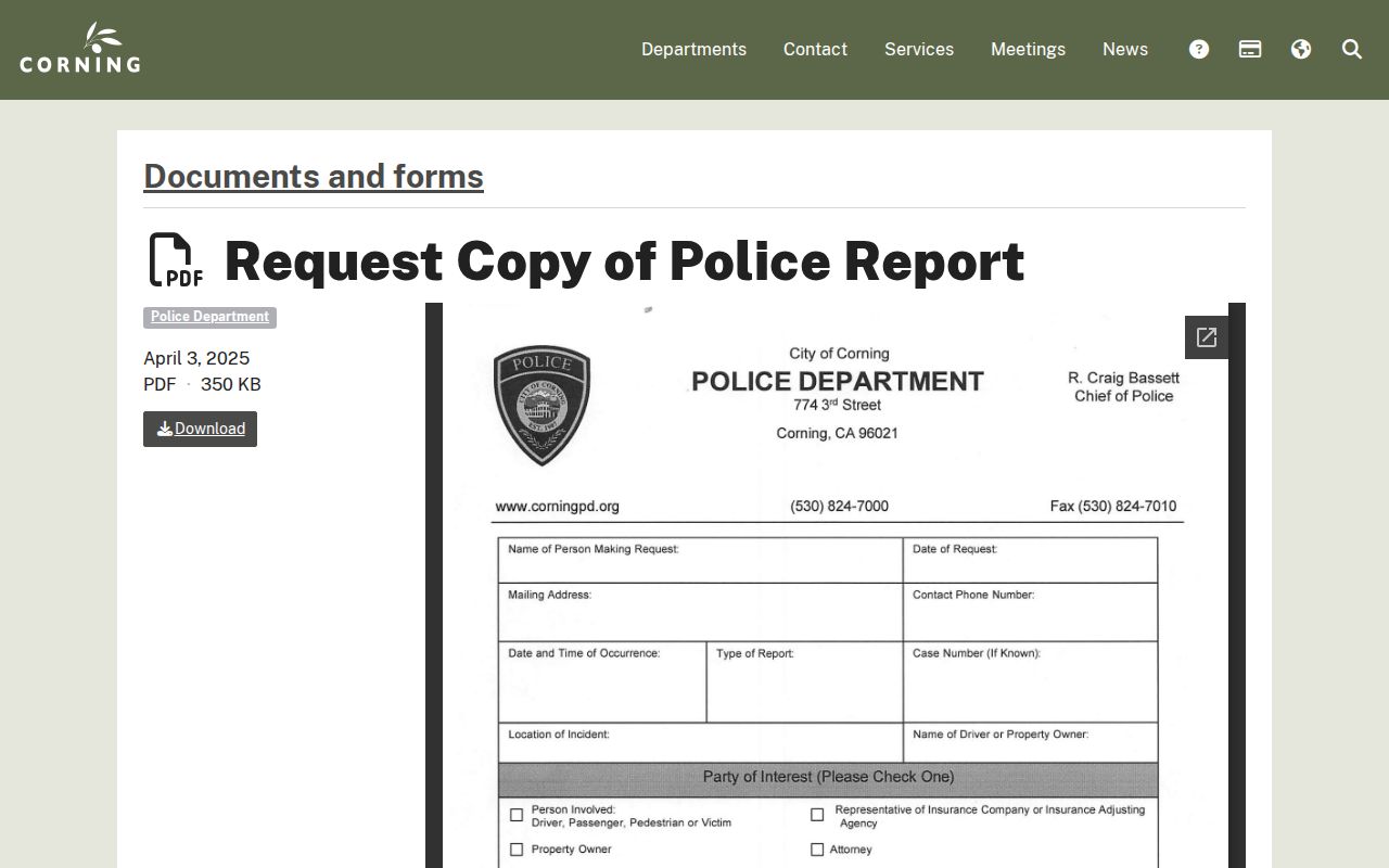 Corning police report copy request form