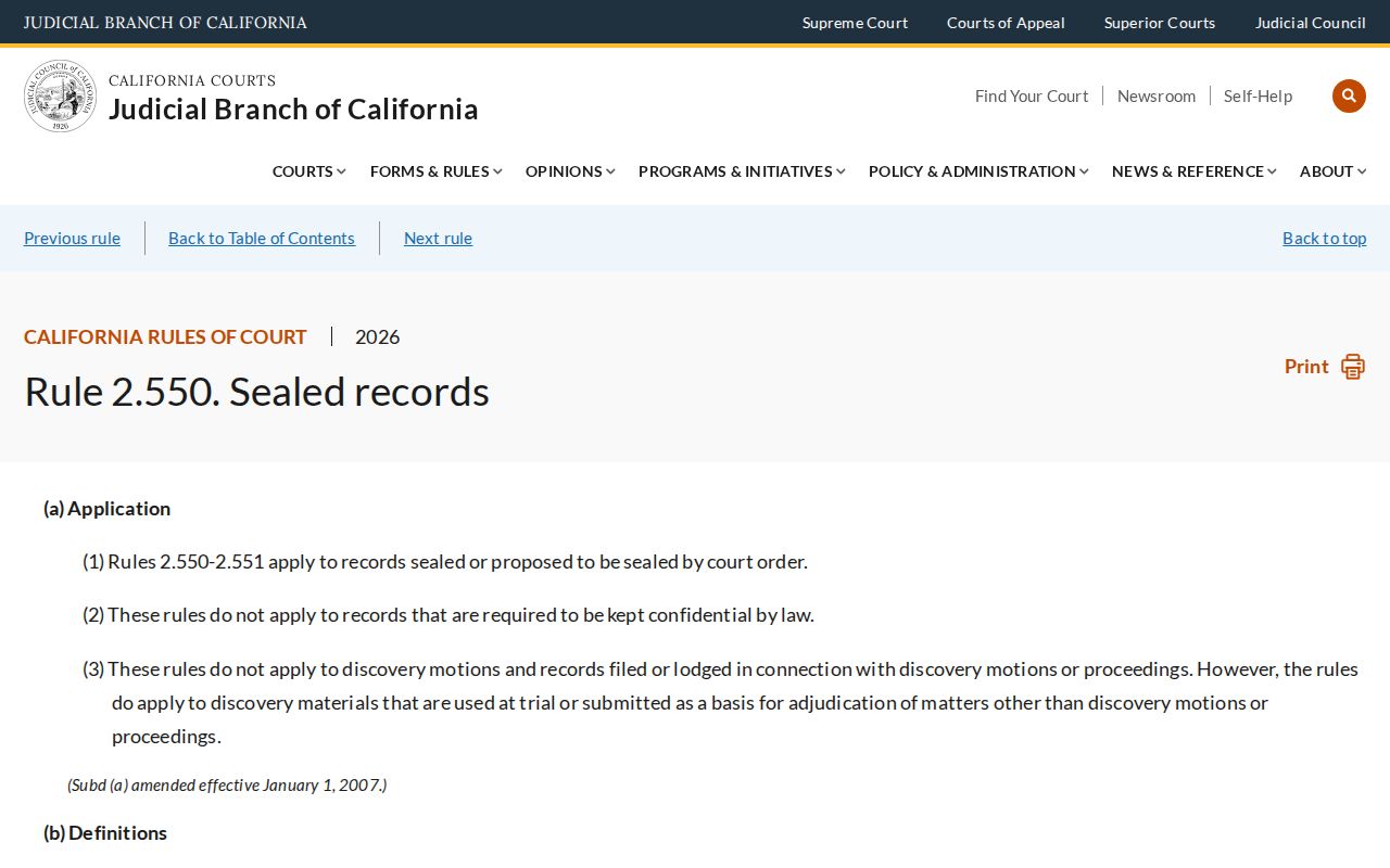 California court rule 2.550 on sealed records