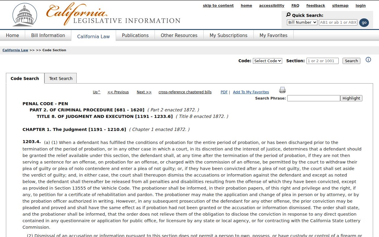 California Penal Code section 1203.4 dismissal law
