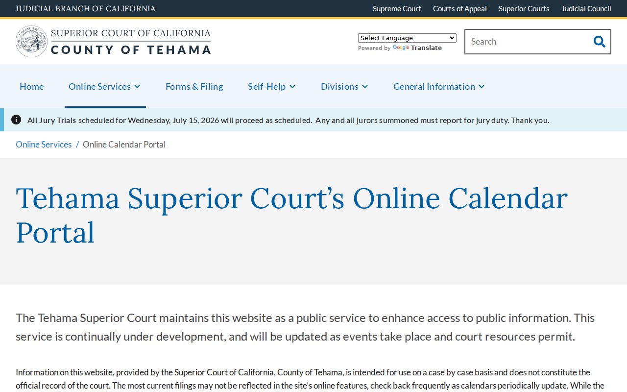 Tehama Superior Court online calendar portal