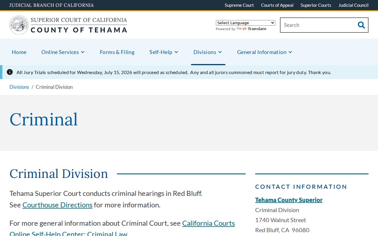 Tehama County criminal history court Criminal Division