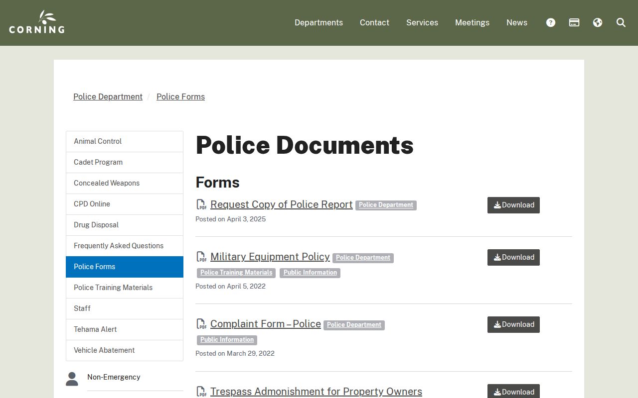Corning Police Documents page