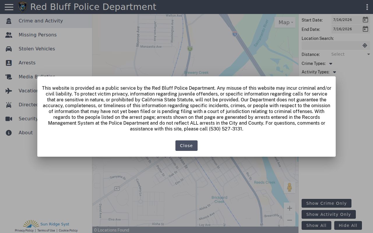 Red Bluff criminal history Citizen RIMS portal