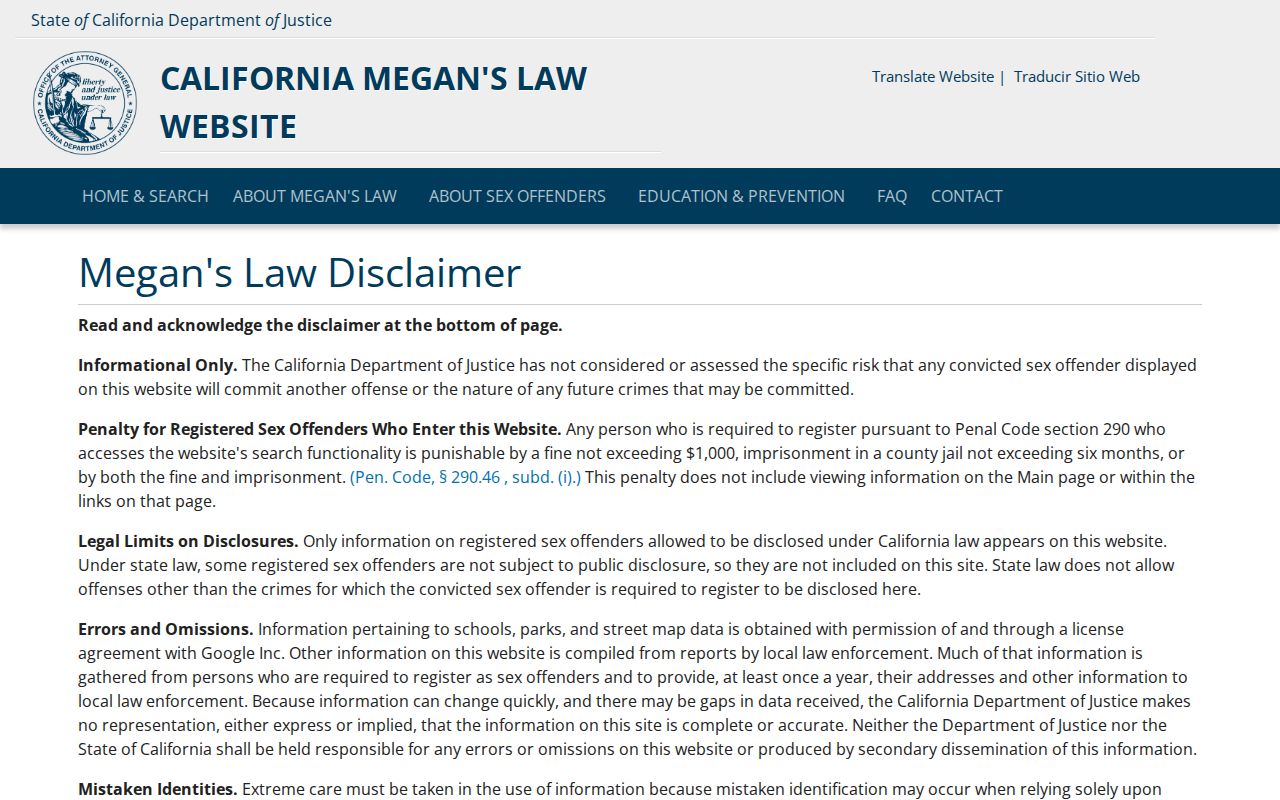 California Megan's Law Website disclaimer for Tehama County searches