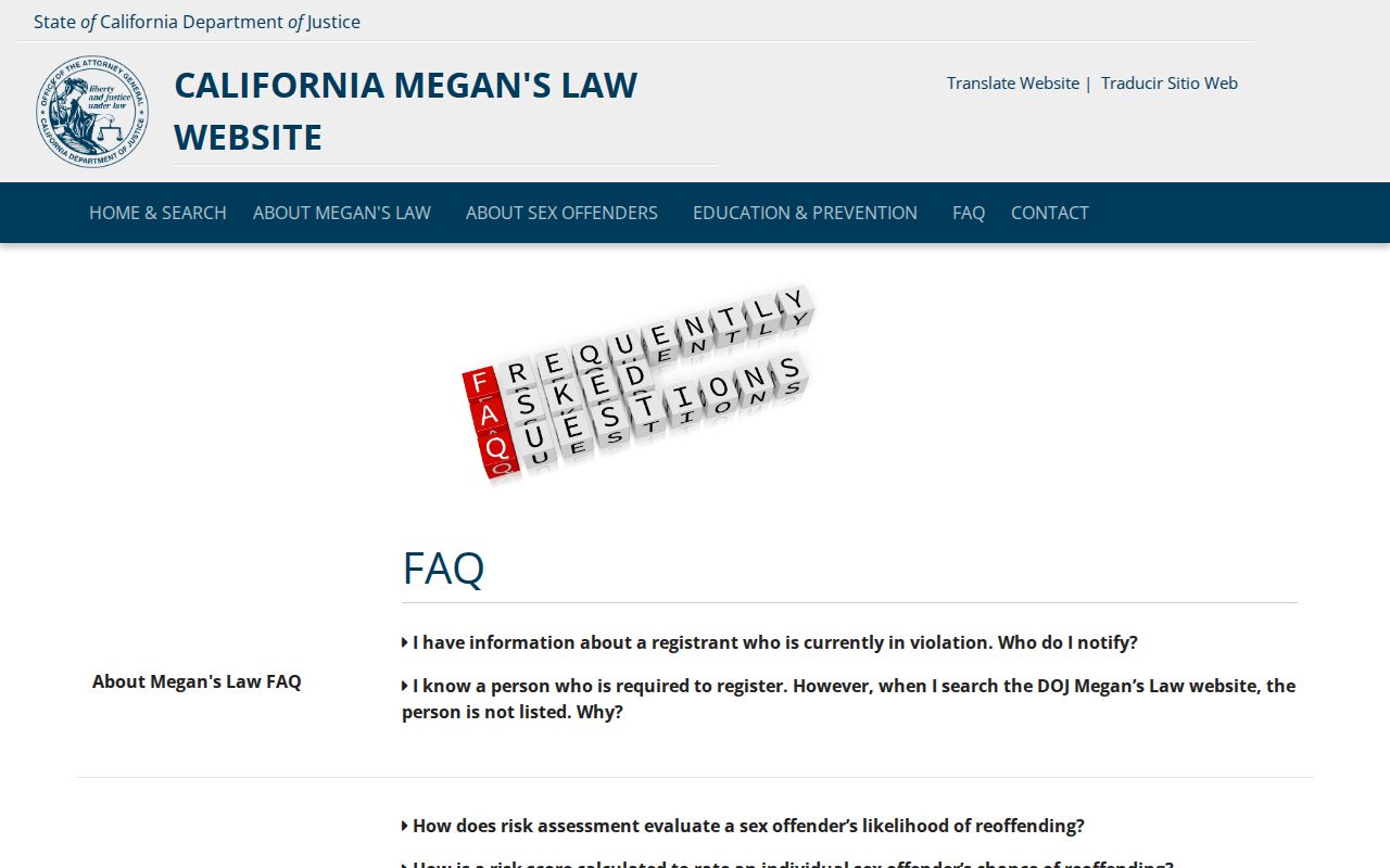 California Megan's Law FAQ on public registry coverage